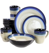 Gibson Couture Bands 16pc Dinnerware Set, Cream/Blue Rim