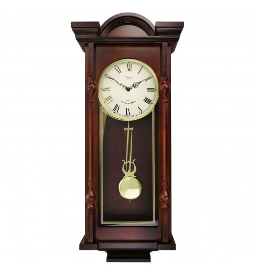 Bedford Clock Collection Grand 31 Inch Chiming Pendulum Wall Clock in Antique Mahogany Cherry Finish