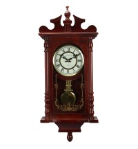 Bedford Collection 25 Inch Wall Clock with Pendulum and Chime in Dark Redwood Oak Finish