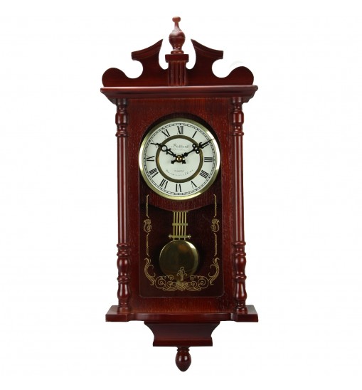 Bedford Collection 25 Inch Wall Clock with Pendulum and Chime in Dark Redwood Oak Finish