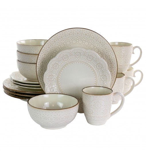 Elama Contessa 16 Piece Embossed Scalloped Stoneware Dinnerware Set in Ivory