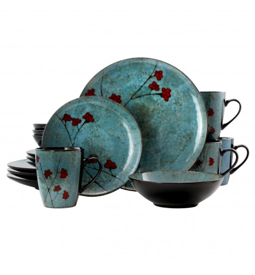 Elama Floral Accents 16 Piece Dinnerware Set in Blue