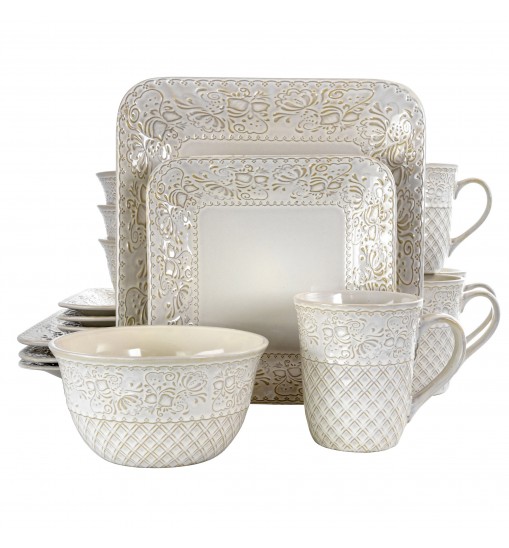 Elama Ivory Lotus 16 Piece Square Dinnerware Set