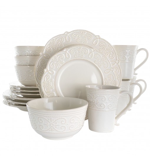 Elama Luna 16 Piece Embossed Scalloped Stoneware Dinnerware Set in White