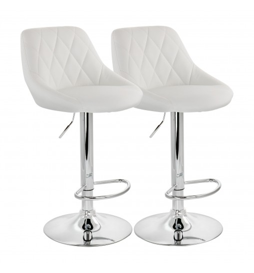 Elama 2 Piece Diamond Stitched Faux Leather Bar Stool in White with Chrome Base  and Adjustable Height