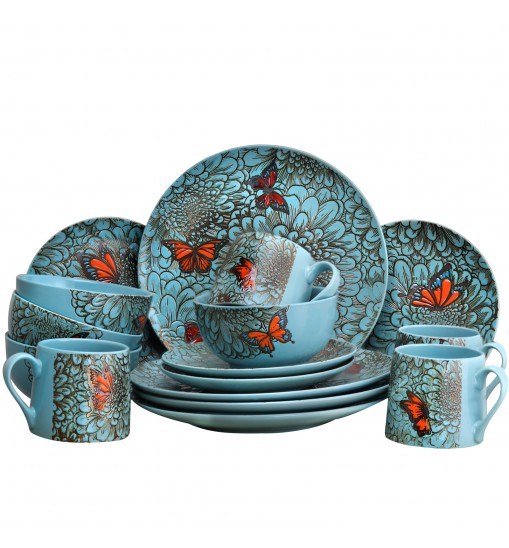 Elama Butterfly Garden 16 Piece Stoneware Dinnerware Set