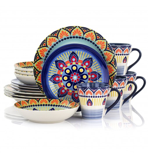 Elama Zen Blue Mozaik 16 Piece Luxurious Stoneware Dinnerware with Complete Setting for 4, 16pc