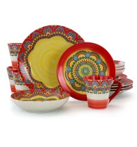 Elama Zen Red Mozaik 16 Piece Luxurious Stoneware Dinnerware with Complete Setting for 4, 16pc