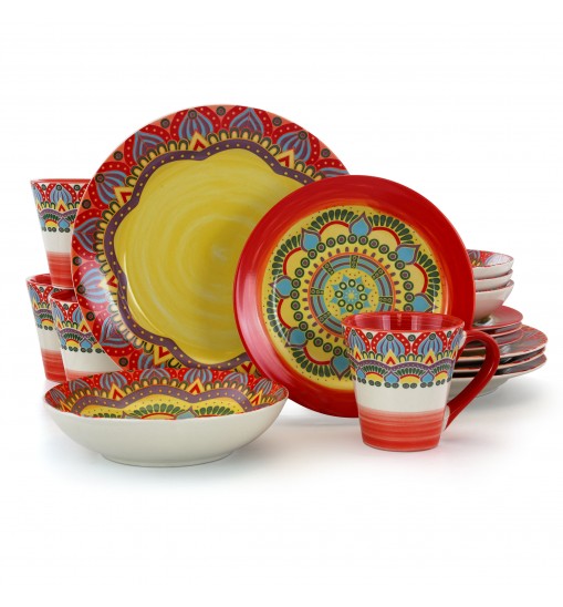 Elama Zen Red Mozaik 16 Piece Luxurious Stoneware Dinnerware with Complete Setting for 4, 16pc