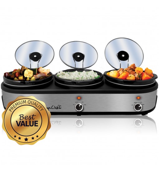 MegaChef Triple 2.5 Quart Slow Cooker and Buffet Server in Brushed Silver and Black Finish with 3 Ceramic Cooking Pots and Removable Lid Rests