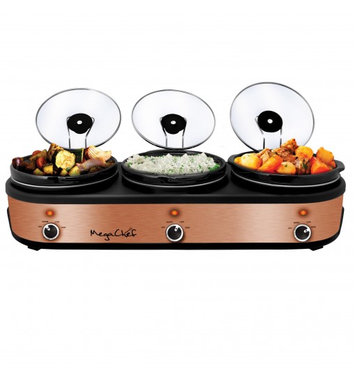 MegaChef Triple 2.5 Quart Slow Cooker and Buffet Server in Brushed Copper and Black Finish with 3 Ceramic Cooking Pots and Removable Lid Rests