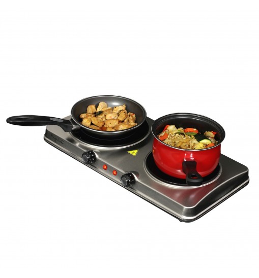 MegaChef Electric Easily Portable Heavy Duty Lightweight Dual Size Infrared Burner Cooktop Buffet Range in Sleek Steel