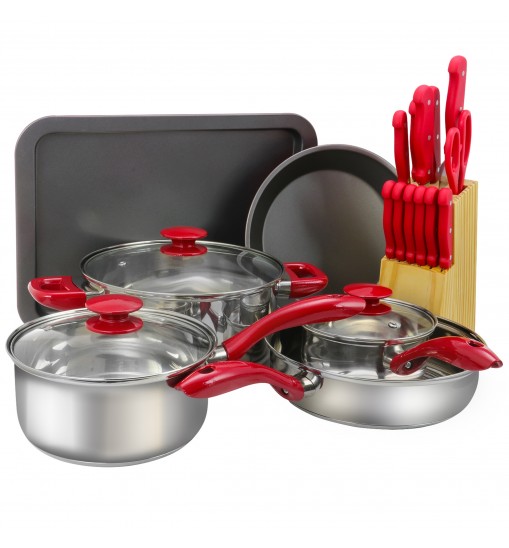 MegaChef 22 Piece Aluminum Cookware Combo Set in Red