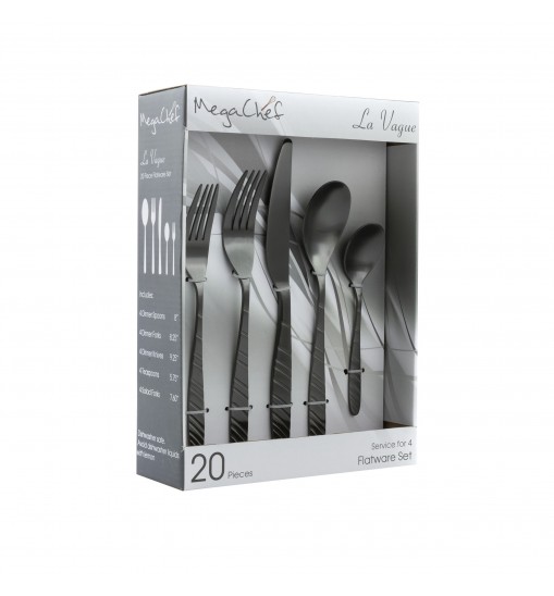 MegaChef La Vague 20 Piece Flatware Utensil Set, Stainless Steel Silverware Metal Service for 4 in Matte Black