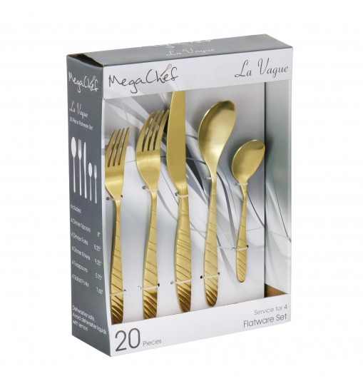 Megachef La Vague 20 Piece Flatware Utensil Set, Stainless Steel Silverware Metal Service for 4 in Matte Gold