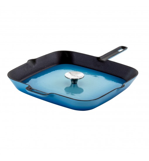 MegaChef 11 Inch Square Enamel Cast Iron Grill Pan with Matching Grill Press in Blue with Press