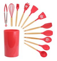 MegaChef Red Silicone and Wood Cooking Utensils, Set of 12