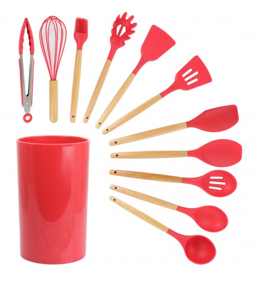 MegaChef Red Silicone and Wood Cooking Utensils, Set of 12