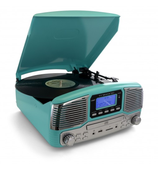 Trexonic Retro Wireless Bluetooth, Record and CD Player in Turquoise