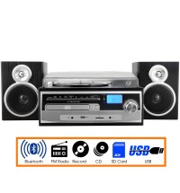 Trexonic 3-Speed Vinyl Turntable Home Stereo System with CD Player, FM Radio, Bluetooth, USB/SD Recording and Wired Shelf Speakers