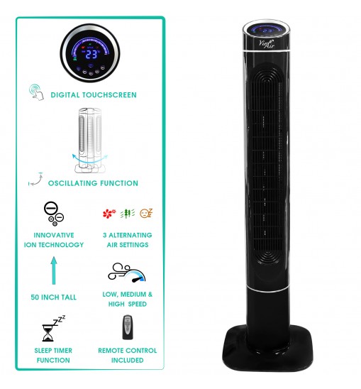 Vie Air 50 Inch Luxury Digital 3 Speed High Velocity Tower Fan with Fresh Air Ionizer and Remote Control in Black