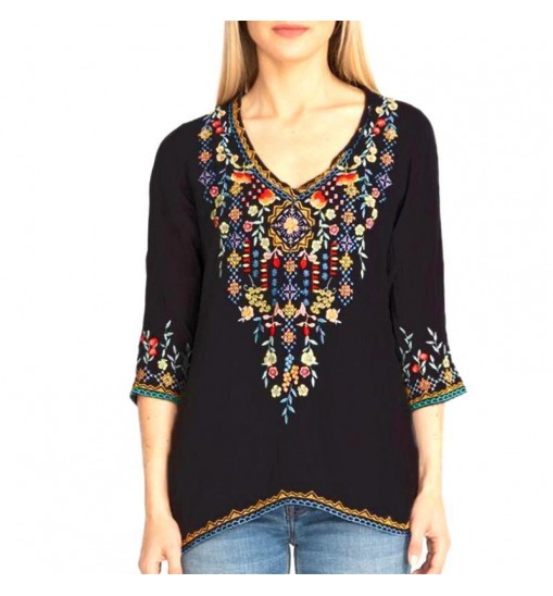 Size: Medium,Color: Black - Private Garden Embroidered Tunic Tops In Vivid Colors