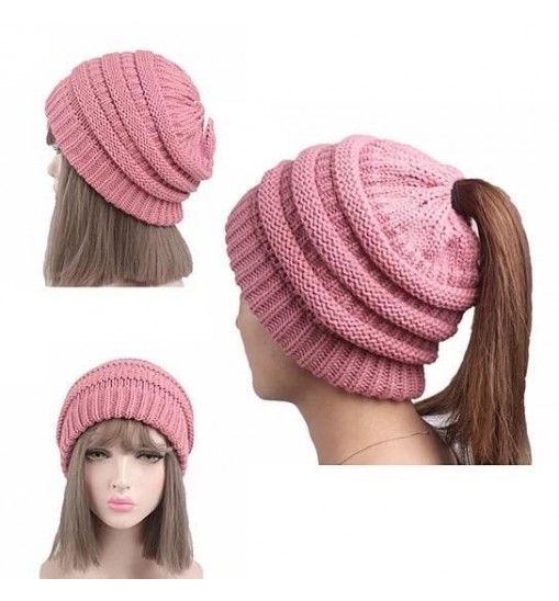 Color: B-PINK - Pony Beanie Super Cute Cable Knit Hat