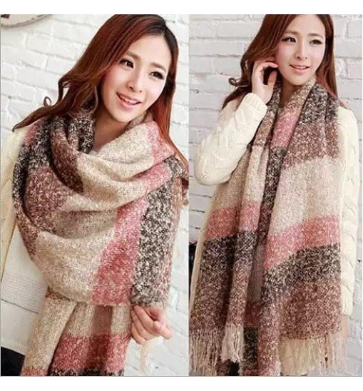 Color: Pink - Rust - Black - Wrap Me Softly Cotton Shawl With Fringe