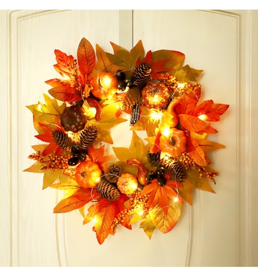 18 Inch Fall Wreath Artificial Pumpkins Maple Leaves Pine Cone Autumn Harvest Wreath Outdoor Halloween Thanksgiving Decorations Wreath