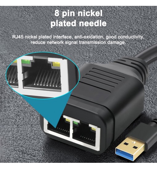 RJ45 Ethernet Splitter 1 Female To 2 Female Network Extension Connector Ethernet Switch With Usb Charging Cable black