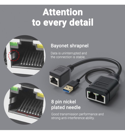 RJ45 Ethernet Splitter 1 Female To 2 Female Network Extension Connector Ethernet Switch With Usb Charging Cable black