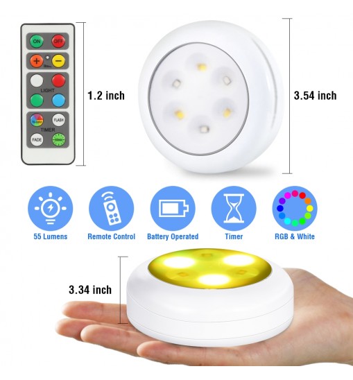 Lunsy 6PCS Wireless Color Changing LED Puck Lights with 2PCS Remote Controls, LED Under Cabinet Lighting, Closet Light Set, Round Cabinet Lights