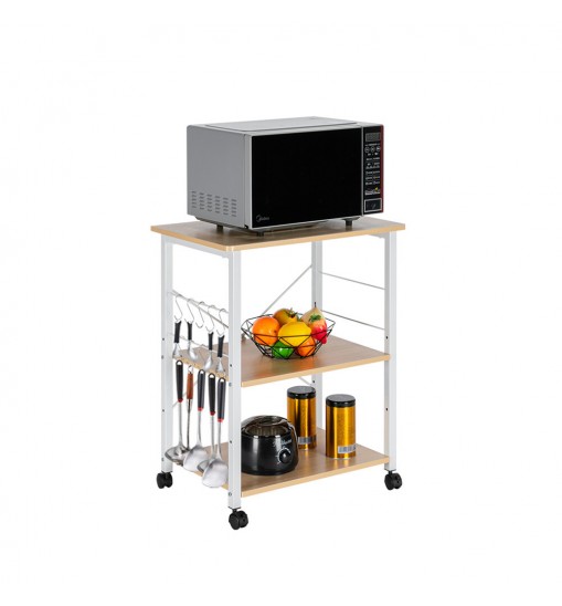 US 60*40*73cm 3 Layers Movable Microwave Oven  Rack With 10 Hooks+4 Wheels+X Reinforcement On The Back white