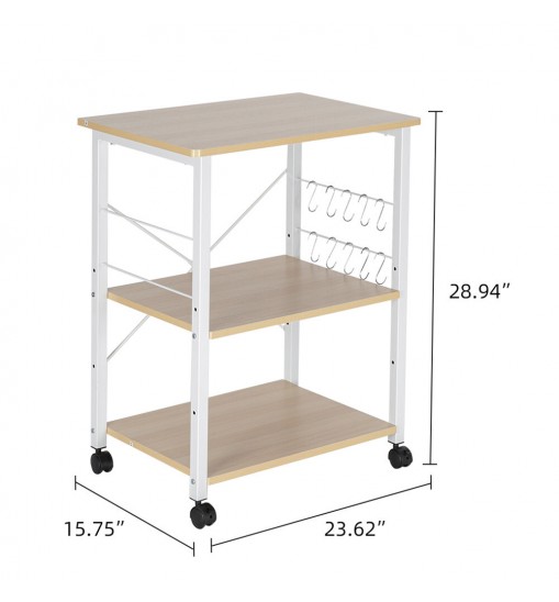 US 60*40*73cm 3 Layers Movable Microwave Oven  Rack With 10 Hooks+4 Wheels+X Reinforcement On The Back white