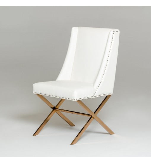 37" White Leatherette And Rosegold Steel Dining Chair