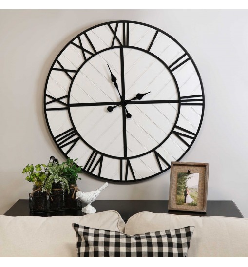 31.5 White Wood And Black Metal   Wall Clock