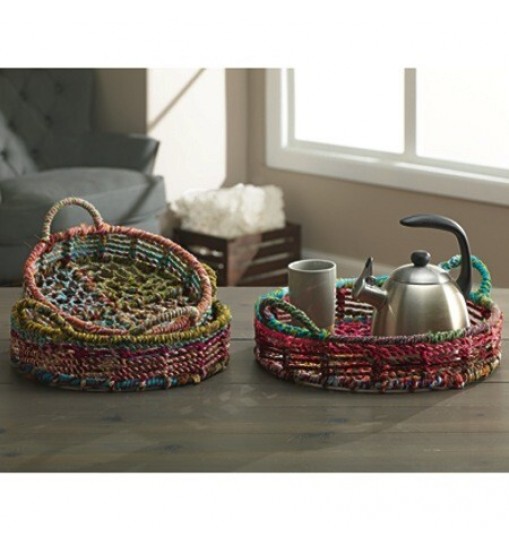 Handmade Set Of 3 Rainbow Round Nesting Jute Trays