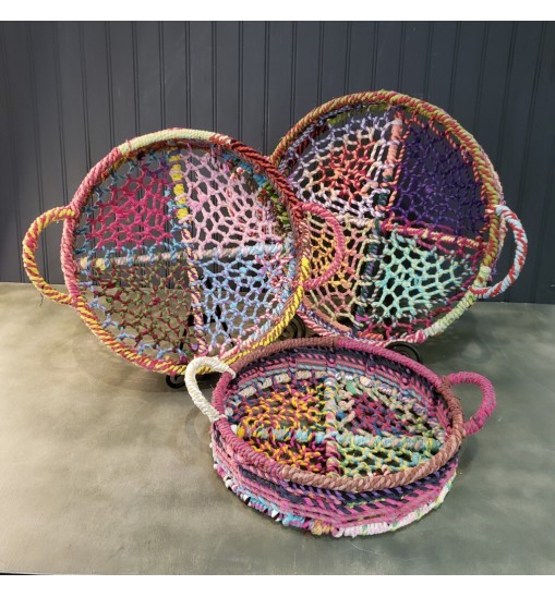 Handmade Set Of 3 Rainbow Round Nesting Jute Trays