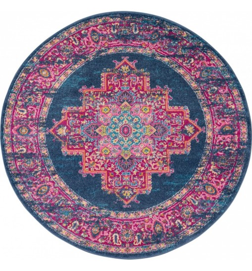 4' Blue Round Power Loom Area Rug