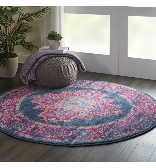 4' Blue Round Power Loom Area Rug