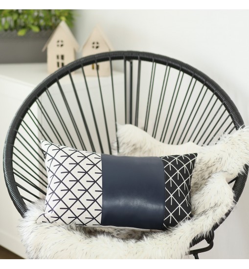 Rectangular Bohemian Lattice Pattern And Navy Blue Faux Leather Lumbar Pillow Cover