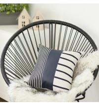 Traditional Navy Blue Faux Leather And Monochromatic Stripes Lumbar Pillow Cover