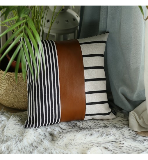 Faux Leather And Monochromatic Stripes Decorative Pillow Cover