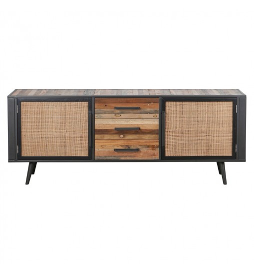 79" Modern Rustic Black Natural And Rattan Buffet Server