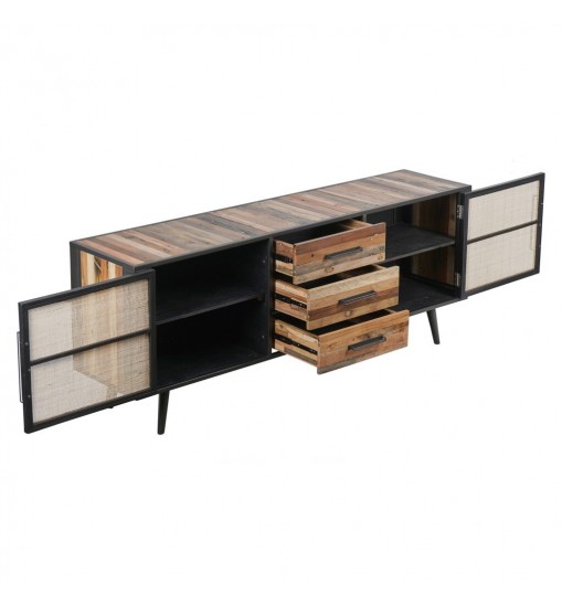 79" Modern Rustic Black Natural And Rattan Buffet Server