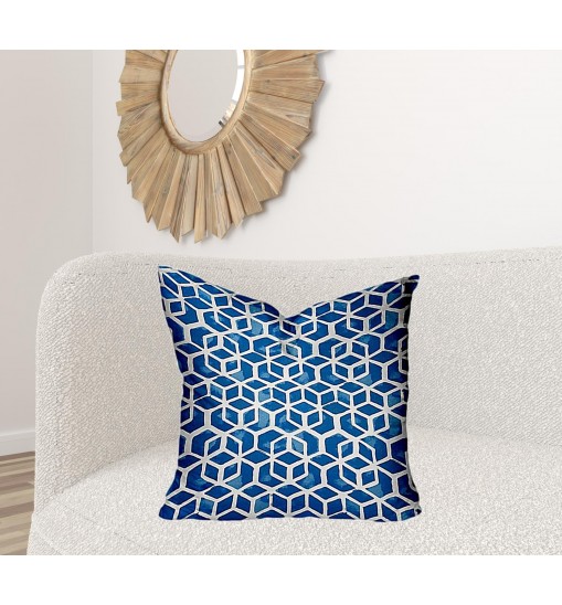 24" X 24" Blue And White Zippered Geometric Throw Indoor Outdoor Pillow