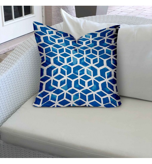 24" X 24" Blue And White Zippered Geometric Throw Indoor Outdoor Pillow