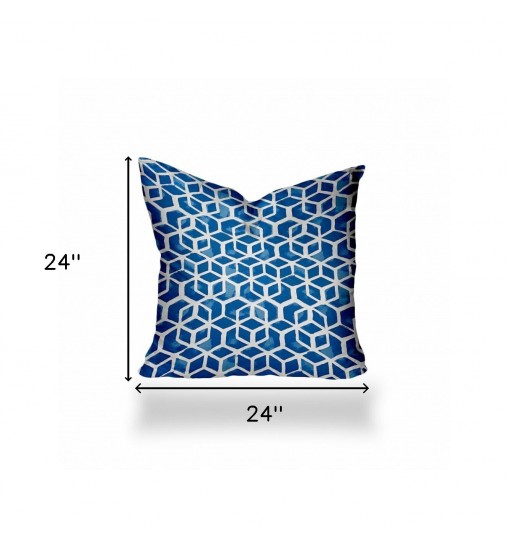 24" X 24" Blue And White Zippered Geometric Throw Indoor Outdoor Pillow