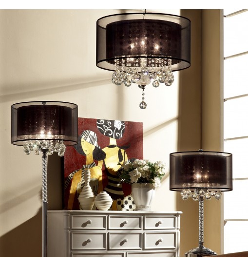 Contempo Silver Ceiling Lamp with Black Shade and Crystal Accents