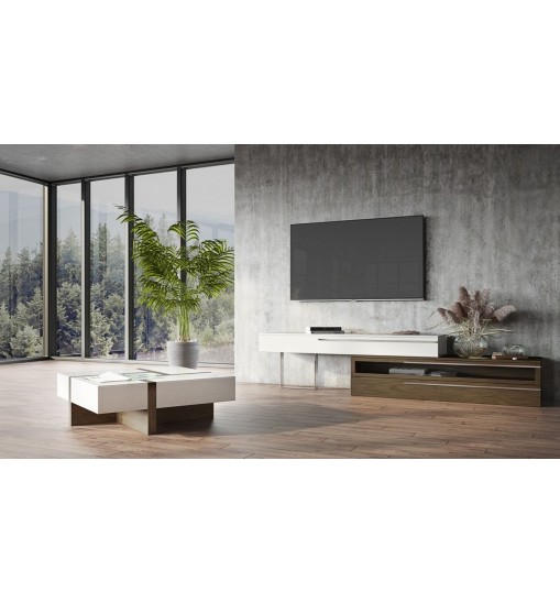 Modern White and Walnut Square Coffee Table with Storage